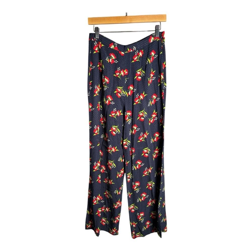 Jill Stuart Blue Red Floral Wide Leg Pants Side Zipper Small